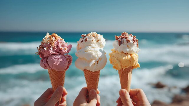 Three colorful ice cream cones held up against a stunning ocean backdrop, showcasing a delightful summer treat, camera captures the scene with a smooth zoom in to emphasize flavors and textures
