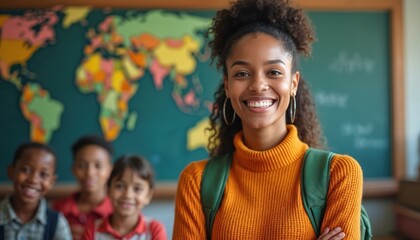 Smiling teacher with backpack stands in classroom with diverse students. World map on blackboard. Joyful learning environment promotes education, growth, and curiosity.