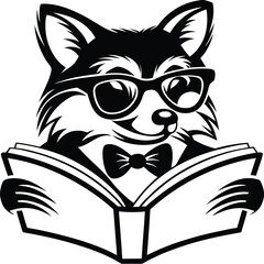 Cartoonish fox with glasses and bowtie enjoys reading a book intently