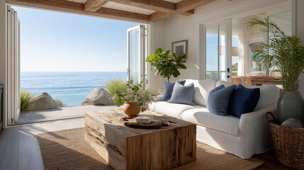 Fototapeta premium Serene Seaside Retreat: A tranquil living room opens onto a breathtaking ocean vista. The interior is a haven of relaxation.