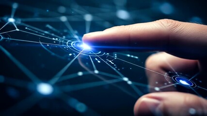 Close-up of a finger interacting with a digital network interface in a tech setting - Powered by Adobe