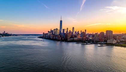 Fototapeta premium Aerial view of a city skyline during a vibrant sunset over the water