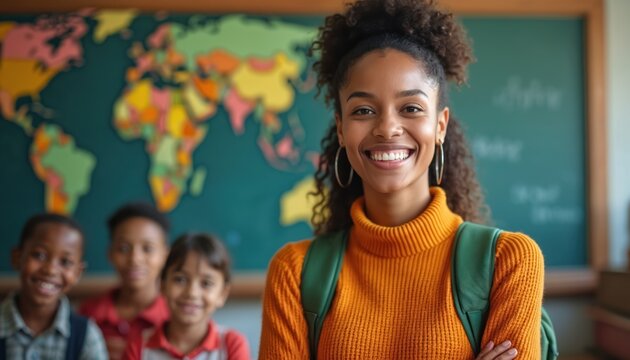 Smiling teacher with backpack stands in classroom with diverse students. World map on blackboard. Joyful learning environment promotes education, growth, and curiosity. - Powered by Adobe