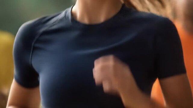 Close-up of a person's torso in athletic wear, running