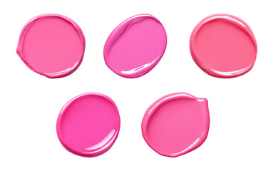 Round cosmetics swatches set, different pink color. Gel nail polish or liquid lipstick. Thick creamy texture with full coverage effect. Isolated element with clear even edge on transparent background