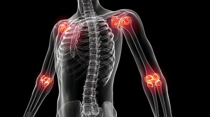 Medical Illustration of Human Skeleton with Highlighted Joints in Bright Red