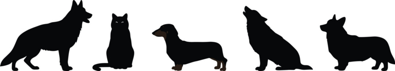 Animal silhouette, dog and cat, German Shepherd, Dachshund, Corgi, sitting cat, howling dog, black illustration, pet icon, posture