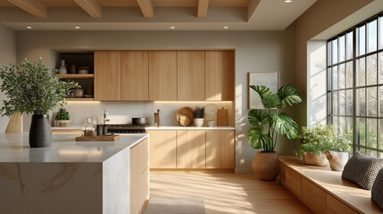 Fototapeta premium Serene Modern Kitchen: An inviting modern kitchen with clean lines, natural wood elements, and an abundance of sunlight creates a sense of warmth and tranquility.