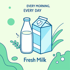 Design a fresh and vibrant scene featuring milk cartons and a bottle, with a dynamic milk splash flowing from a glass. The background should be light and airy, with soft gradient blues and greens to c