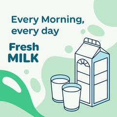Design a fresh and vibrant scene featuring milk cartons and a bottle, with a dynamic milk splash flowing from a glass. The background should be light and airy, with soft gradient blues and greens to c