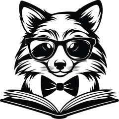 Black and white raccoon wearing glasses and bow tie reads a book