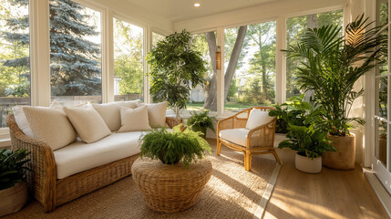 Serene Sunroom Sanctuary: This sun-drenched sunroom features a relaxed seating area amidst lush plants. It captures the essence of a peaceful retreat, ideal for unwinding.