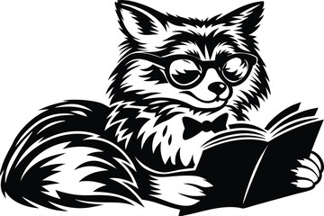 Detailed depicts a scholarly fox wearing glasses and a bow tie reading a book