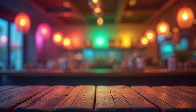 Empty wooden table top in dark bar setting. Blurred background colorful lights, glowing bokeh. Night club party atmosphere with space for product display text overlay. Vibrant nightlife scene.
