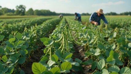 Farmers Harvesting Green Beans in a Lush Field Under the Sun.