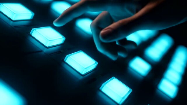 Close-up of a hand pressing a glowing blue button on a control panel