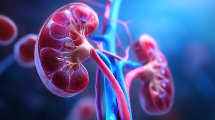 Detailed Human Kidney Illustration Showing Blood Vessels and Internal Structures in Blue and Red Colors