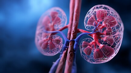 Detailed Digital Illustration of Human Kidneys with Blood Vessels in Medical Style
