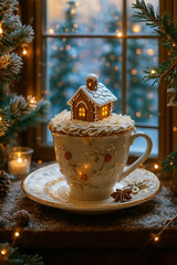 Christmas composition card in light colors with a cup of cocoa and yaefir