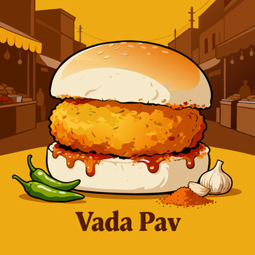 A delicious illustration of a classic Indian street food, a spicy potato fritter sandwich in a bun, a popular Mumbai fast food delicacy, vada pav