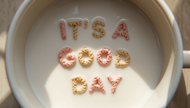 Start your day with a smile! Delicious cereal letters floating in milk make every morning special, bringing joy and positivity to your breakfast ritual - Powered by Adobe