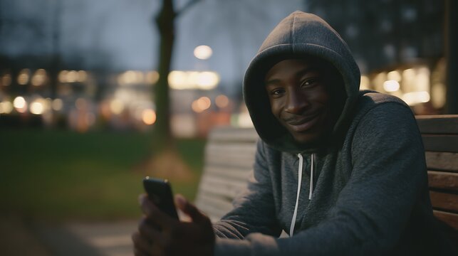 Young Man Wearing Gray Hoodie Smiling While Using Smartphone in City Park at Dusk - Powered by Adobe