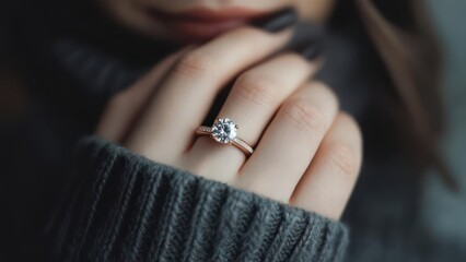 Close up of a womans hand wearing a diamond engagement ring.