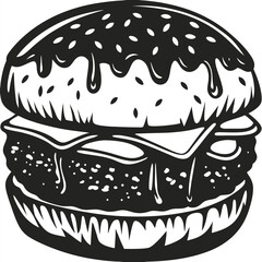 Detailed monochrome burger features cheese, patty, and bun with sesame seeds on top