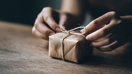 Person Wrapping Small Gift Box with Twine on Wooden Surface in Warm Lighting