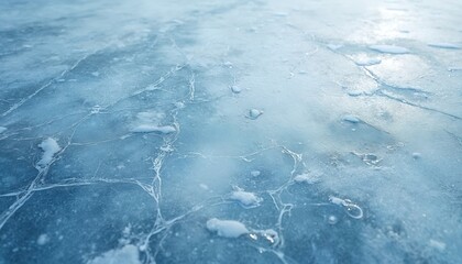 Close up photo of textured ice. The surface features visible cracks frosty tones and blue hues. Detailed shot of frozen water ideal for winter seasonal themes. This image suits creative projects.