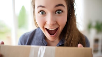 Young Excited Woman with Open Mouth Holding Cardboard Box in Bright Home