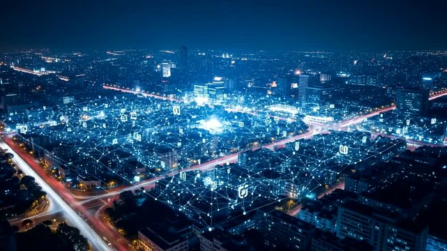 Aerial view of a vibrant city at night showcasing illuminated streets and networks - Powered by Adobe
