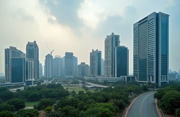 Obraz premium Urban skyline view of Gurugram in India shows tall contemporary buildings. Modern corporate architecture rises beyond green trees. Road stretches towards city center at daytime. Business district