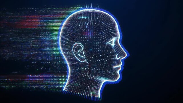 The silhouette of a human head with binary code, gears, and a brain illustrates the concept of business intelligence and thinking