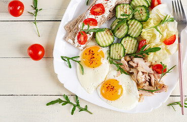 Ketogenic, paleo diet. Fried eggs, boiled chicken and fresh salad. Keto breakfast. Brunch. Top view
