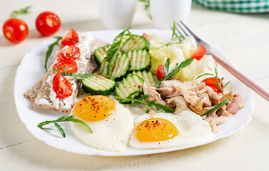 Ketogenic, paleo diet. Fried eggs, boiled chicken and fresh salad. Keto breakfast. Brunch