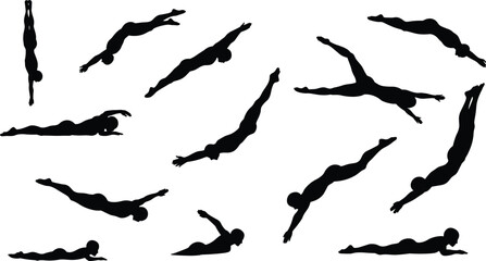 Diving, silhouette, athlete, motion, pose, water, jump, black, white, flexibility, sport, body, movement, splash, action, dynamic, swim, technique, graphic, icon