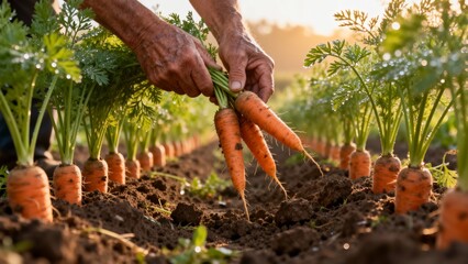 Hands picking fresh orange carrots with green tops from garden rows, showing active harvesting, suitable for agriculture, organic farming, fresh produce business