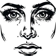 Abstract monochrome drawing depicts an alluring woman's face with stylized features and elegant lines