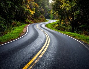 Fototapeta premium A winding blacktop road with yellow lines weaves through vibrant autumn foliage