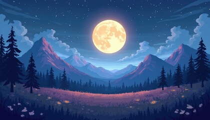 Fototapeta premium Fantasy landscape with full moon in night sky. Mountains, trees, and flowers in foreground. Starry sky with clouds. Beautiful scenery of nature at night.