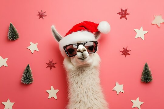 A playful llama sporting a Santa hat and cool sunglasses.