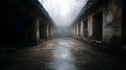 Obraz premium An eerie abandoned stone structure stands in a deep misty forest under an overcast sky