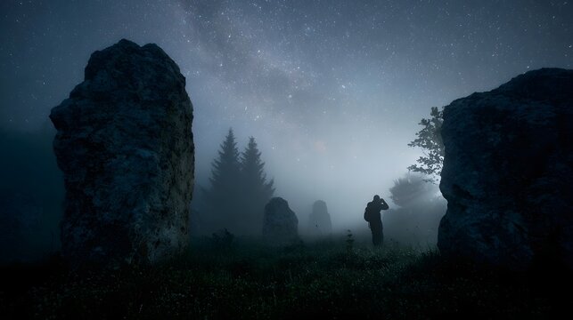 A photographer captures a misty ancient stone circle under a clear starry night sky