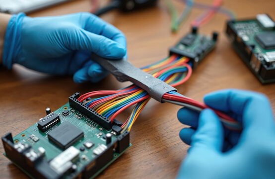 Person wears blue gloves, wraps electrical tape around colorful wires connecting circuit boards. Close up on hands fixing electronics, ensuring safety and proper insulation for equipment.