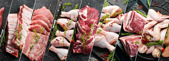 Food collage. Set of fresh pork, chicken and beef meat. Photo banner for market.