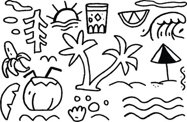 Playful hand-drawn doodle set featuring tropical beach elements such as palm trees, coconut, banana, waves, sun, drink, and umbrella. Minimal black line illustration on white background