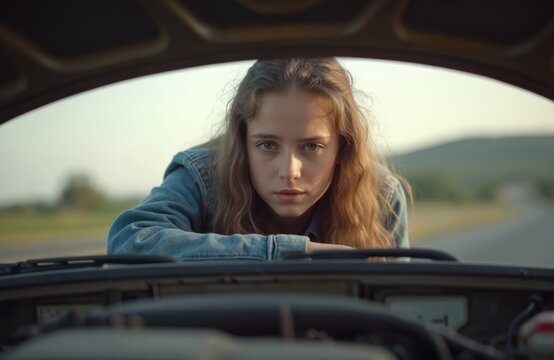 Young female driver inspects car engine roadside. Girl checks auto problem outside during daytime trip. Lady needs auto repair or roadside help.