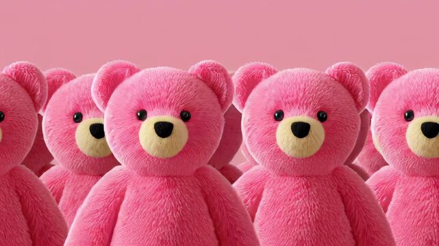 Vibrant pink teddy bears arranged in a playful formation, camera smoothly zooms in to highlight their soft textures and charming expressions, creating an engaging visual narrative of cuteness and warm