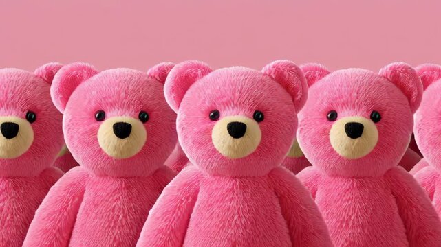 Pink teddy bears lined up in a playful arrangement, showcasing their soft textures and vibrant colors, as the camera performs a smooth zoom out to reveal the full scene and enhance visual appeal